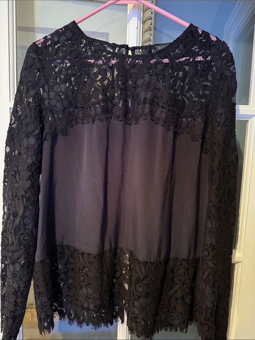 INTERMIX Black Lace Yoke & Hem Long-Sleeve Blouse